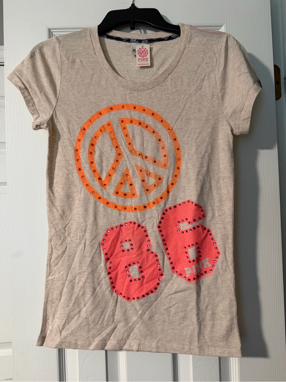 PINK Victoria's Secret Beige Tee with Orange Peace Sign & Pink '86'